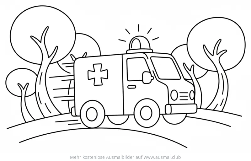 Krankenwagen fährt durch Landschaft mit Bäumen Ausmalbild