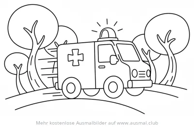 Krankenwagen fährt durch Landschaft mit Bäumen Ausmalbild