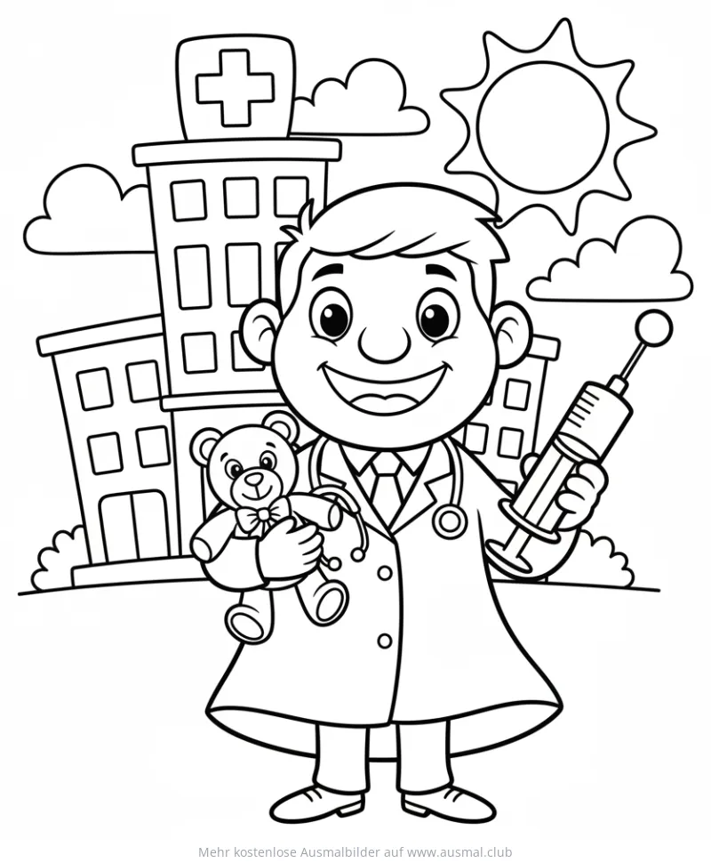 Lachender Arzt mit Teddybär und Spritze vor Krankenhaus Ausmalbild