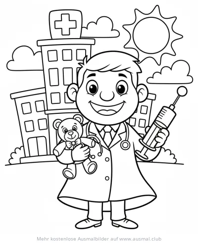 Lachender Arzt mit Teddybär und Spritze vor Krankenhaus Ausmalbild