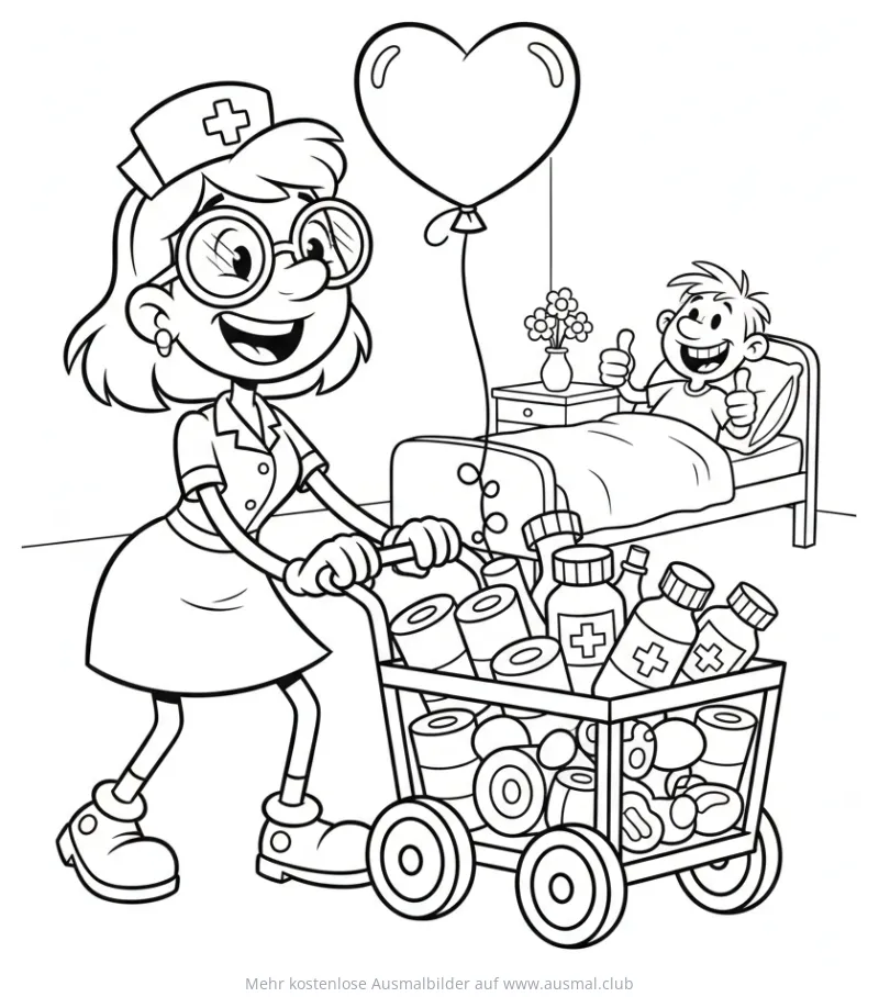 Krankenschwester schiebt Wagen mit Medikamenten im Krankenhaus Ausmalbild