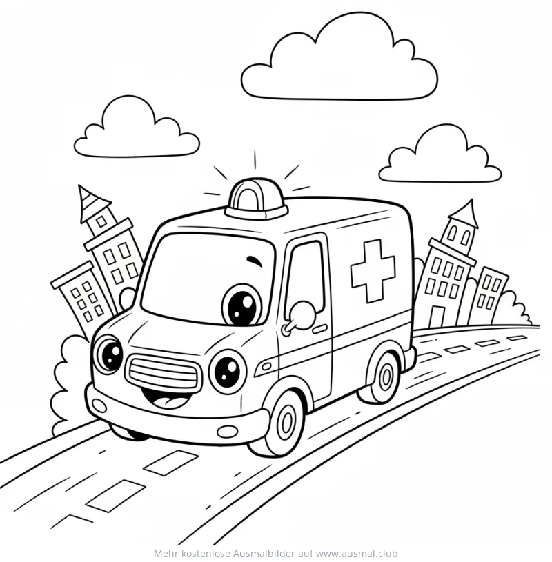 Freundliche Ambulanz fährt durch Stadt Ausmalbild