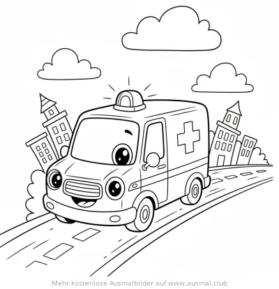 Freundliche Ambulanz fährt durch Stadt Ausmalbild