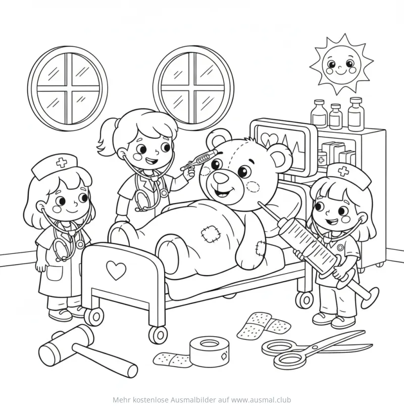 Teddybär im Krankenhaus mit kleinen Ärzten Ausmalbild
