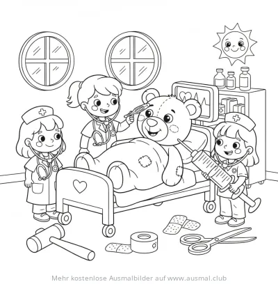 Teddybär im Krankenhaus mit kleinen Ärzten Ausmalbild