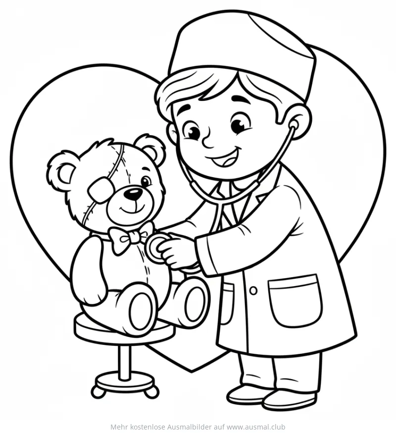 Arzt untersucht Teddybär mit Stethoskop Ausmalbild