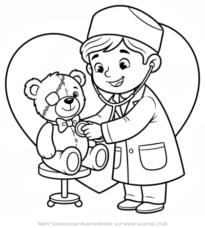 Arzt untersucht Teddybär mit Stethoskop Ausmalbild
