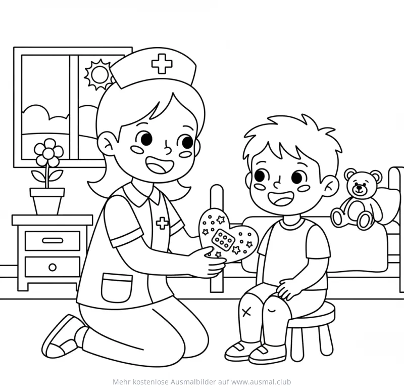 Krankenschwester gibt Junge ein Pflaster im Krankenhaus Ausmalbild