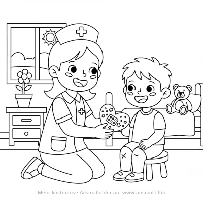 Krankenschwester gibt Junge ein Pflaster im Krankenhaus Ausmalbild