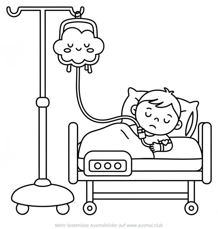 Junge mit Infusion im Krankenhausbett Ausmalbild