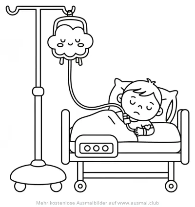 Junge mit Infusion im Krankenhausbett Ausmalbild