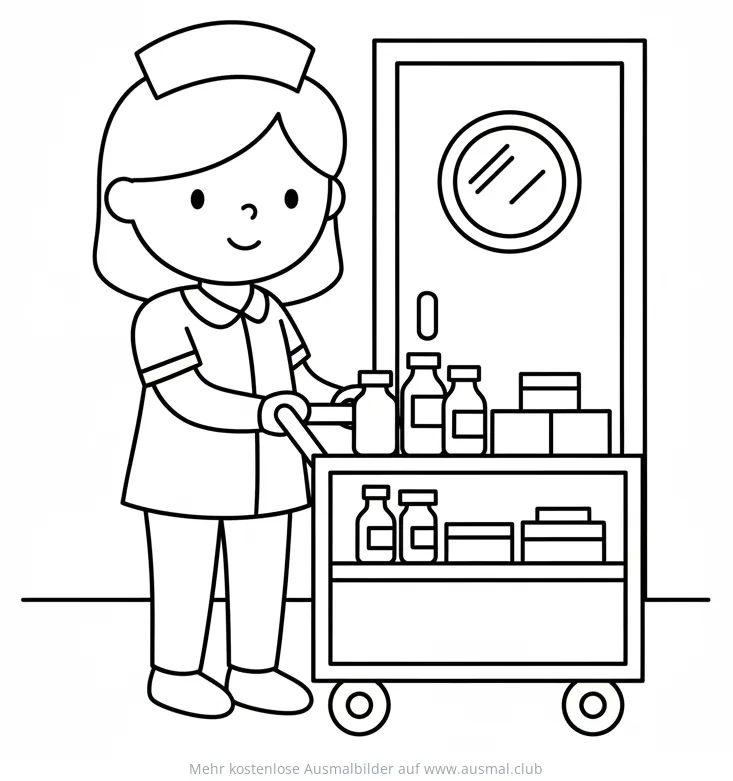 Krankenschwester schiebt Medikamentenwagen Ausmalbild