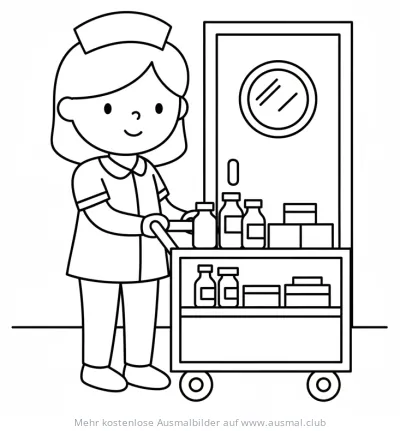 Krankenschwester schiebt Medikamentenwagen Ausmalbild