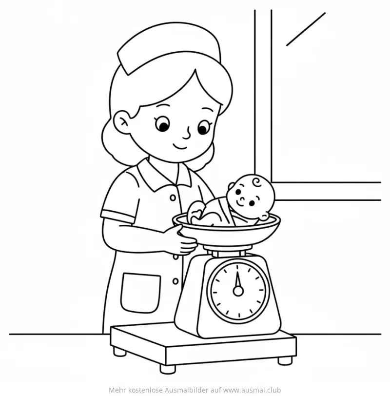 Krankenschwester wiegt Baby auf Babywaage Ausmalbild