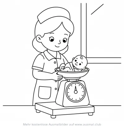 Krankenschwester wiegt Baby auf Babywaage Ausmalbild