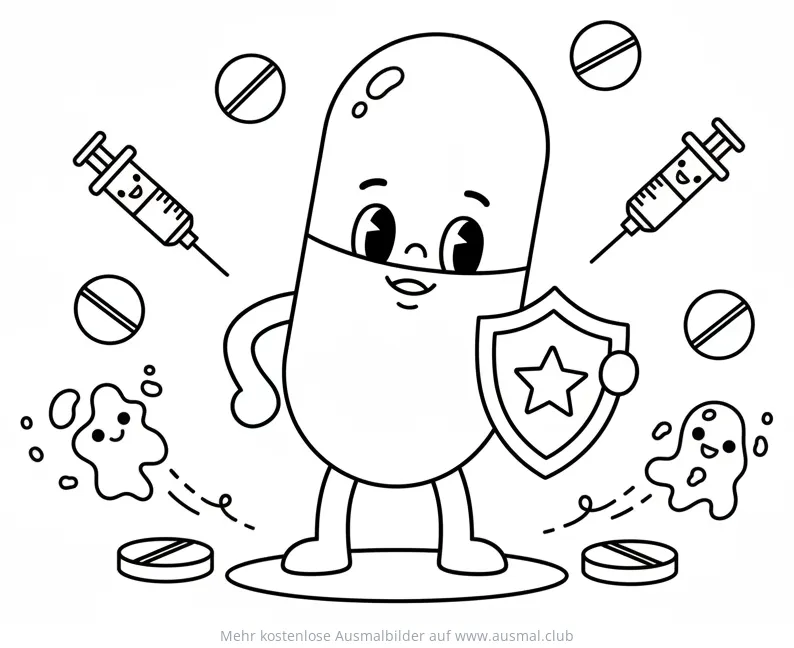 Antibiotika Kapsel mit Schild, Spritzen und Tabletten Ausmalbild