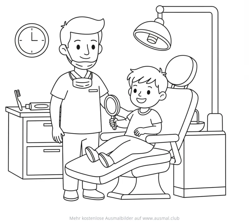 Zahnarzt mit Kind im Zahnarztstuhl Ausmalbild