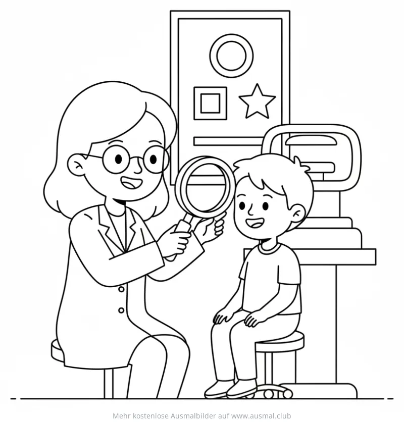 Augenärztin untersucht Kind mit Lupe Ausmalbild