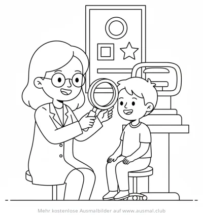 Augenärztin untersucht Kind mit Lupe Ausmalbild