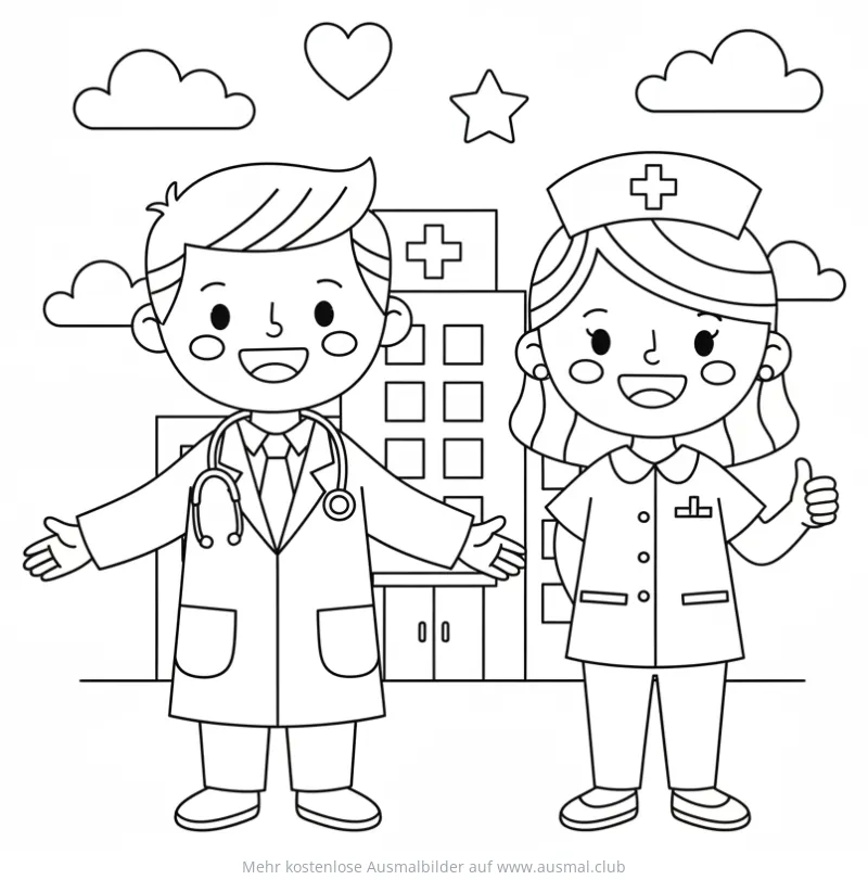 Arzt und Krankenschwester vor Krankenhaus Ausmalbild