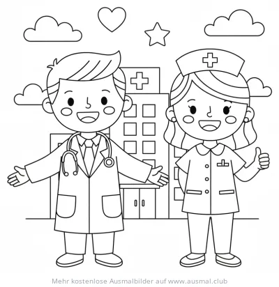 Arzt und Krankenschwester vor Krankenhaus Ausmalbild