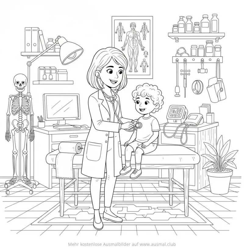 Ärztin untersucht Jungen mit Stethoskop Ausmalbild