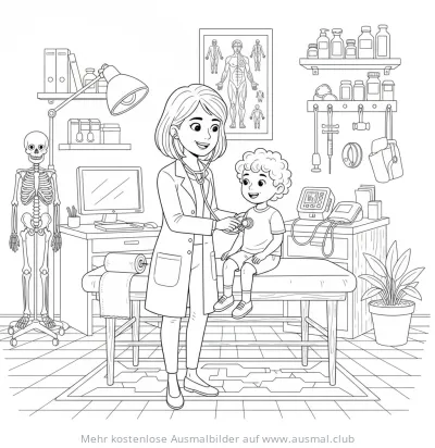 Ärztin untersucht Jungen mit Stethoskop Ausmalbild