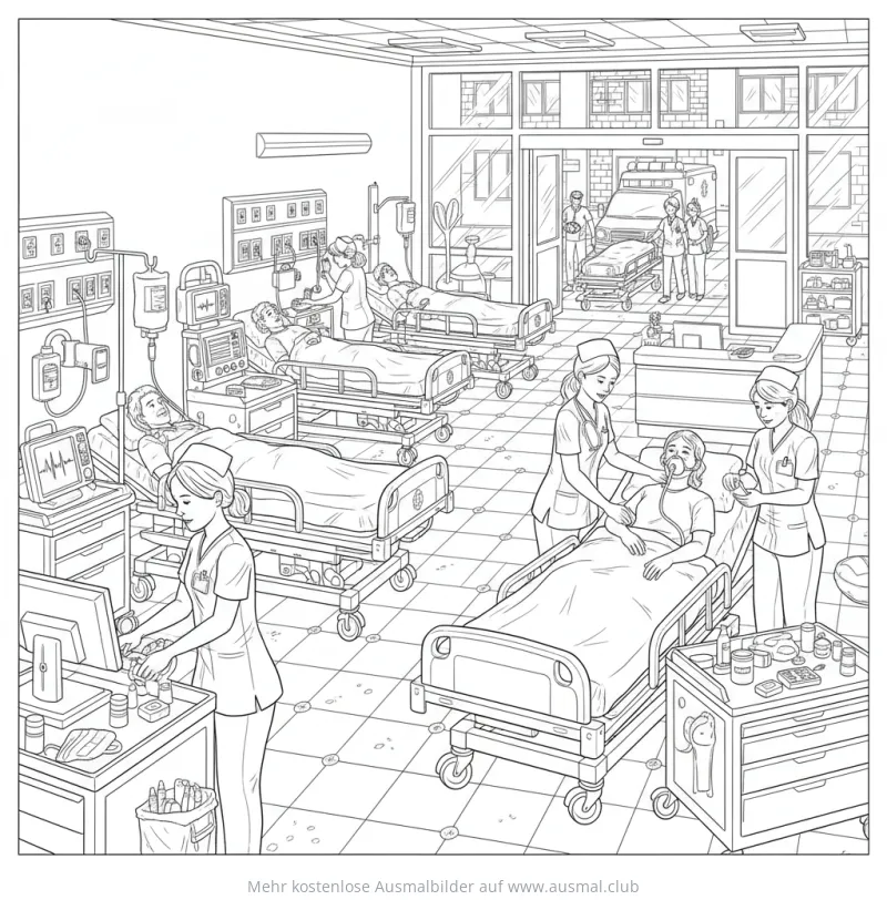 Notaufnahme im Krankenhaus Ausmalbild mit Patienten und Personal