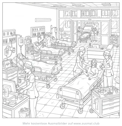 Notaufnahme im Krankenhaus Ausmalbild mit Patienten und Personal