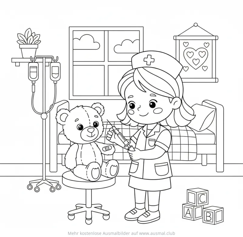 Krankenschwester gibt Teddybären Spritze Ausmalbild