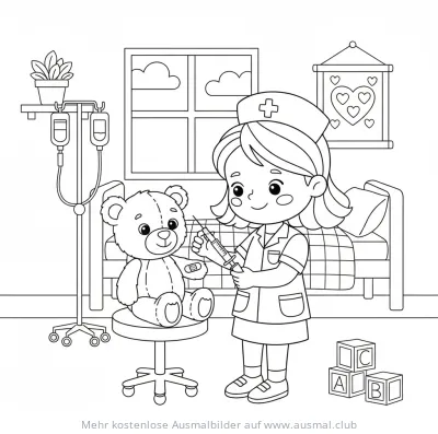 Krankenschwester gibt Teddybären Spritze Ausmalbild