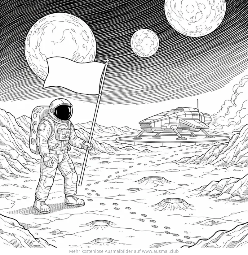 Astronaut mit Flagge auf Mondlandschaft Ausmalbild