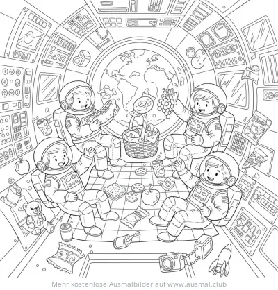 Astronauten Picknick im Raumschiff Ausmalbild