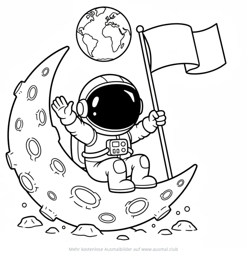 Astronaut sitzt auf dem Mond mit Fahne, Erde im Hintergrund Ausmalbild