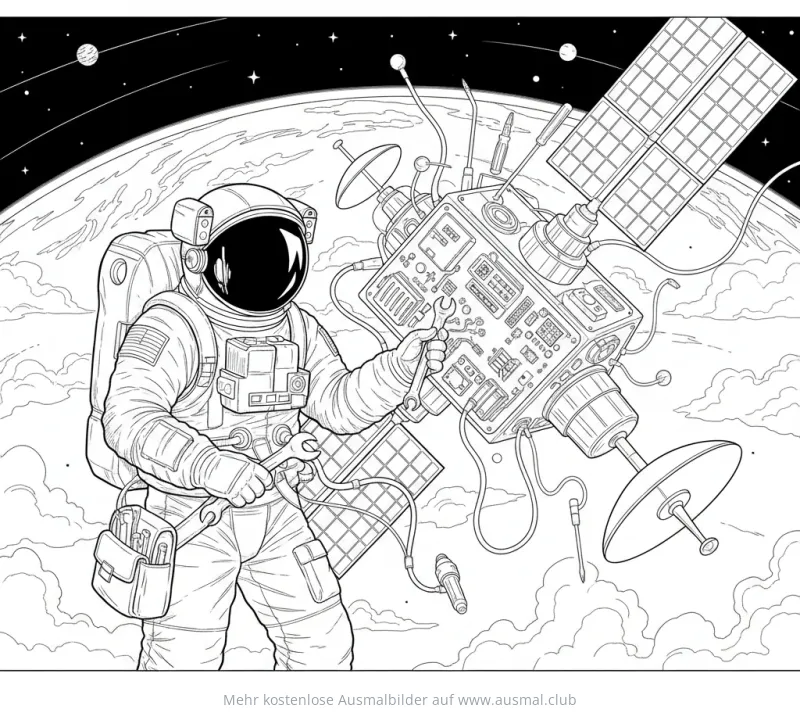 Astronaut repariert Satellit bei Weltraumspaziergang Ausmalbild