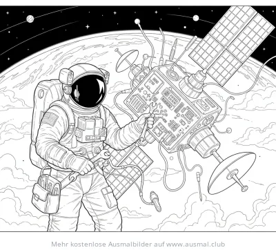 Astronaut repariert Satellit bei Weltraumspaziergang Ausmalbild