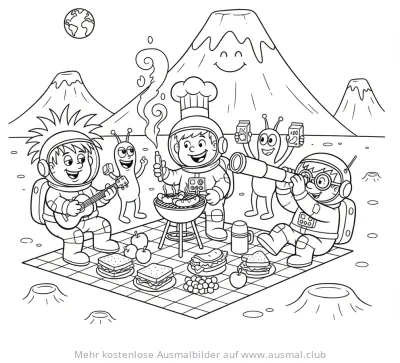 Astronauten und Aliens Picknick auf dem Mond Ausmalbild