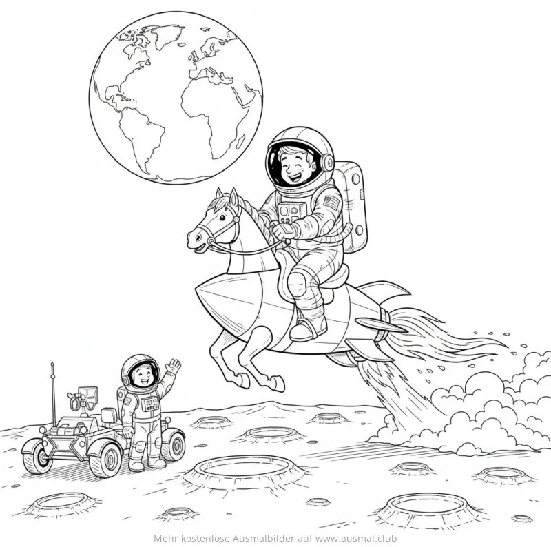 Astronaut auf Raketen-Pferd Ausmalbild im Weltraum