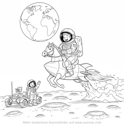 Astronaut auf Raketen-Pferd Ausmalbild im Weltraum