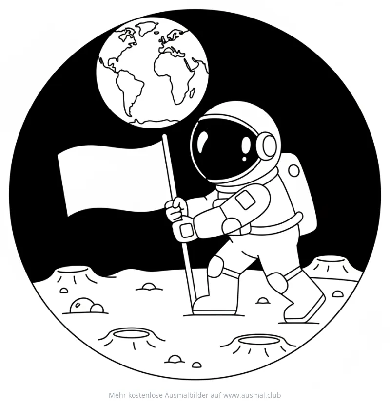 Astronaut mit Flagge auf dem Mond Ausmalbild, im Hintergrund die Erde