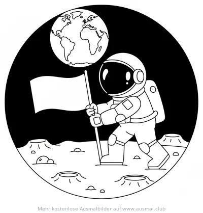 Astronaut mit Flagge auf dem Mond Ausmalbild, im Hintergrund die Erde