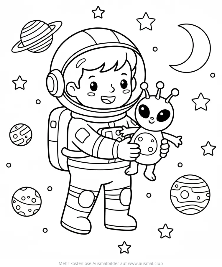 Astronaut hält Alien im Arm Ausmalbild