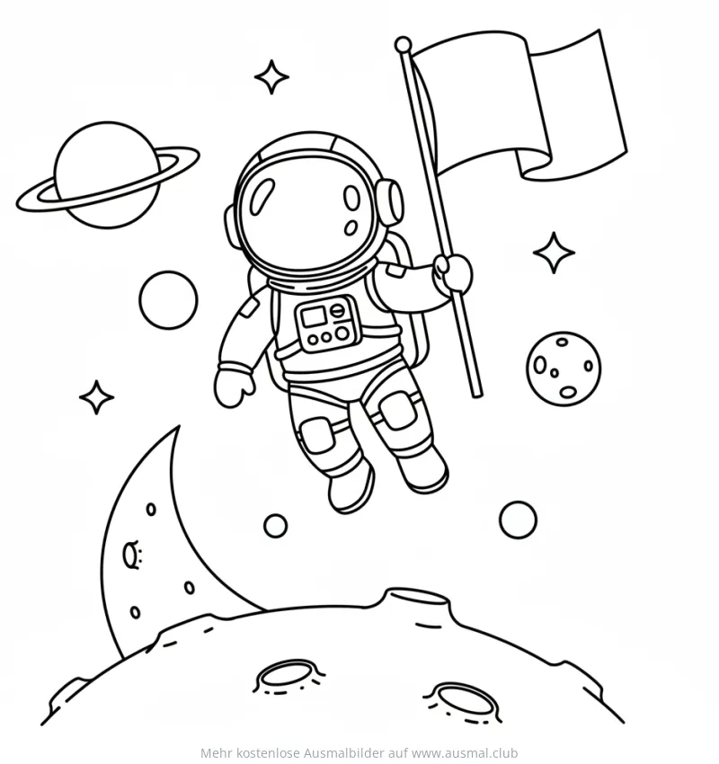 Astronaut mit Flagge im Weltraum Ausmalbild