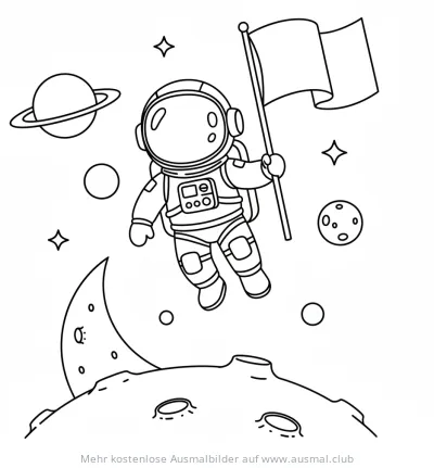 Astronaut mit Flagge im Weltraum Ausmalbild