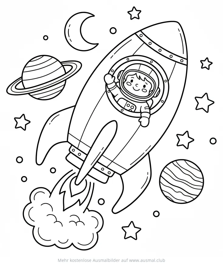 Astronaut in Rakete Ausmalbild im Weltraum mit Sternen und Planeten