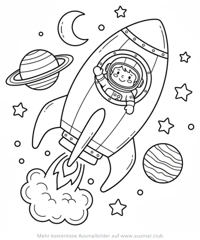 Astronaut in Rakete Ausmalbild im Weltraum mit Sternen und Planeten