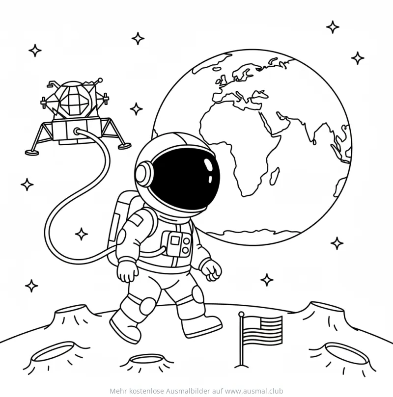 Astronaut wandert auf dem Mond Ausmalbild mit Erde und Mondlandefähre