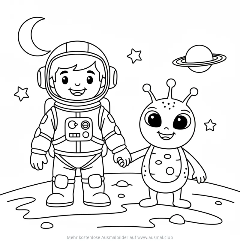 Astronaut und Alien halten Händchen auf einem Planeten Ausmalbild