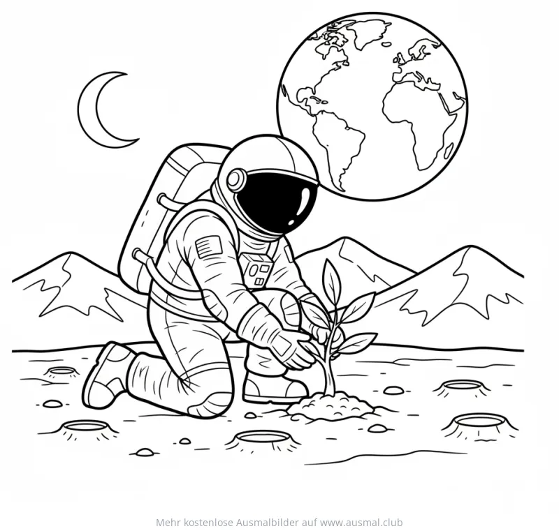 Astronaut pflanzt Baum auf dem Mars Ausmalbild