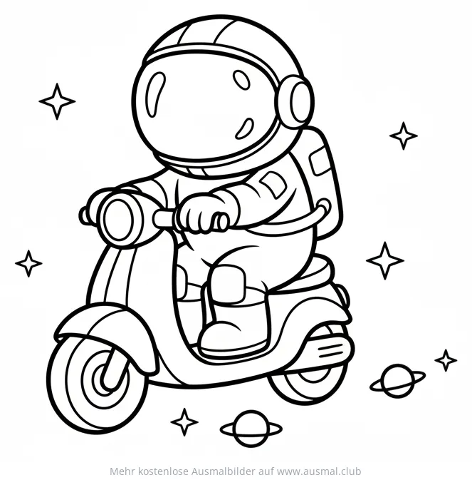 Astronaut fährt Roller im Weltraum Ausmalbild